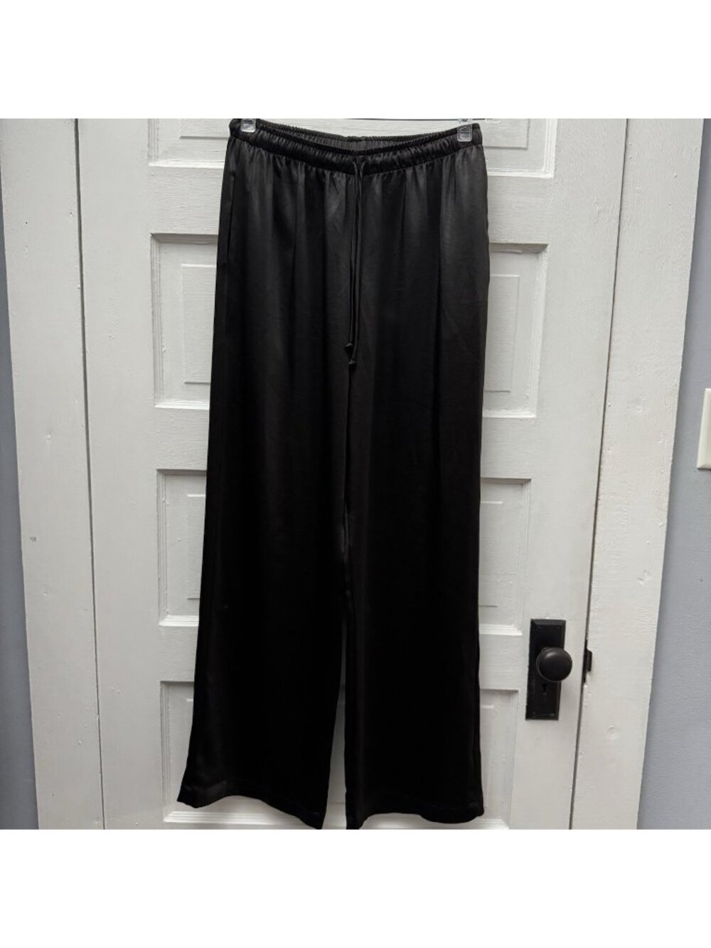 Planet by Lauren G M Black Satin Wide Leg Pull On Pants Elastic Waist USA